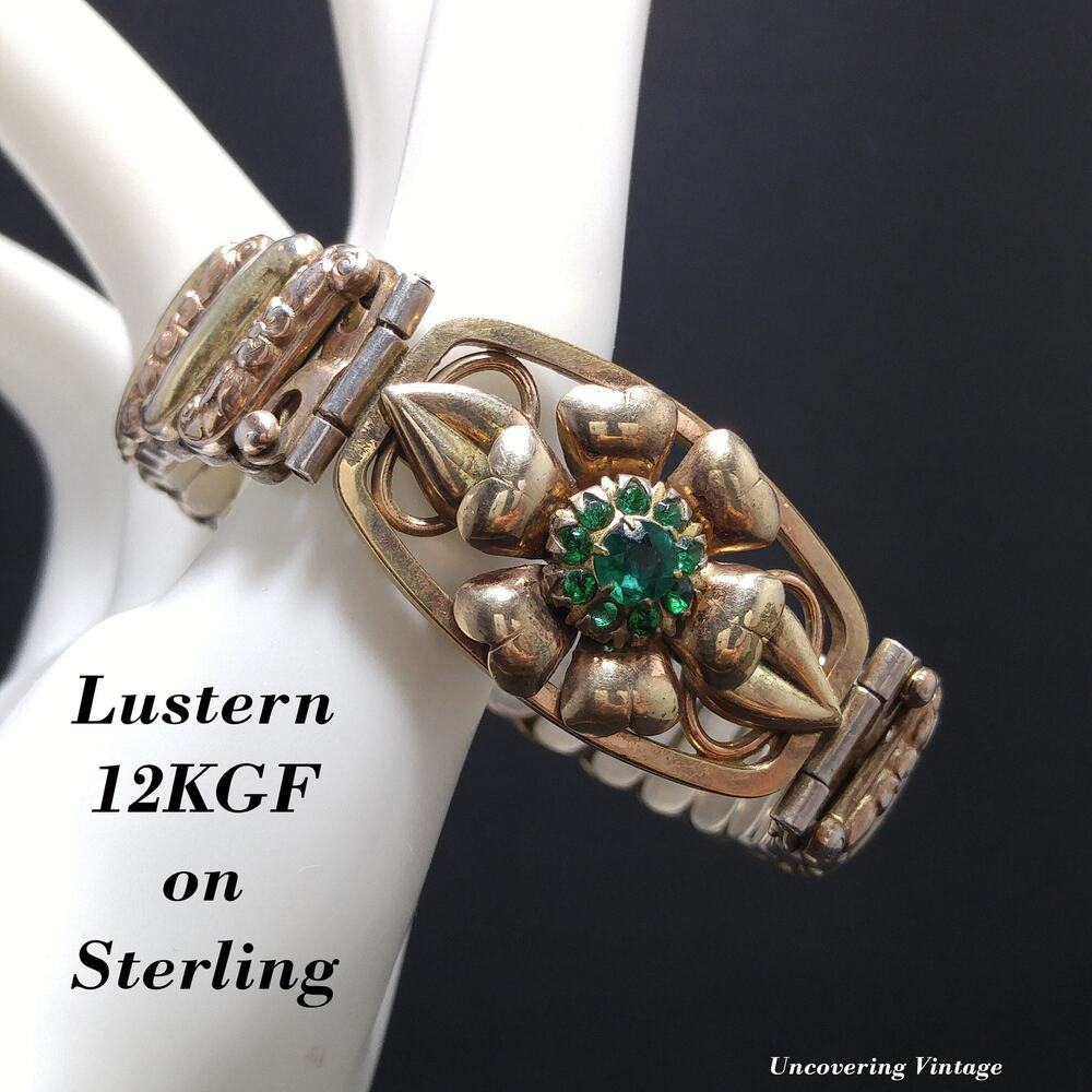 Antique Lustern Expansion Bracelet, 12KGF Sterling, Green Rhinestones